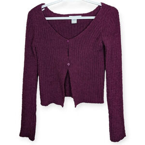 Ella & Emma Plum Purple Cropped 2 Button V Neck  Baby Cardigan Women Small Y2K